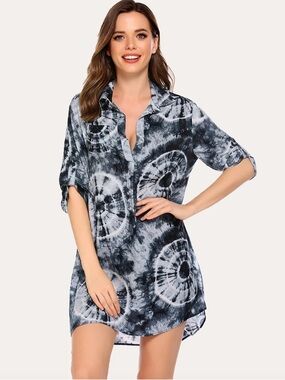 Ekouaer Tie-Dye Black & White Swim Coverup Tunic
